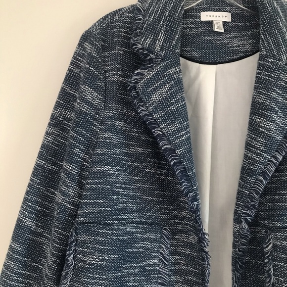 TOPSHOP BLUE TWEED CHUNKY KNIT OPEN FRIDGE BLAZER - Picture 4 of 13